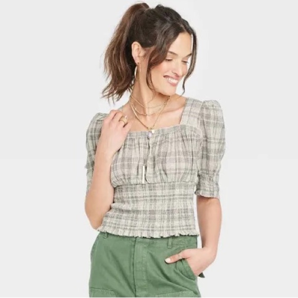 NWT Universal Thread Womens Square Neck Gingham Ruched Crop Top Grey 
Multi Size